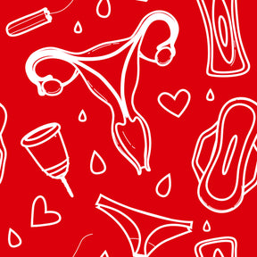 Muster des Brunchies® Girl Stuff mit Binden, Herzen, Tampons und weiteren Dingen.