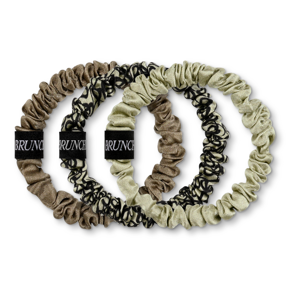 BRUNCHIES® "Snake Edition" Seiden Scrunchie Set aus 3 Haarbändern mitSchlangen Print für weiches Haar in erdigen grünen und braunen Tönen