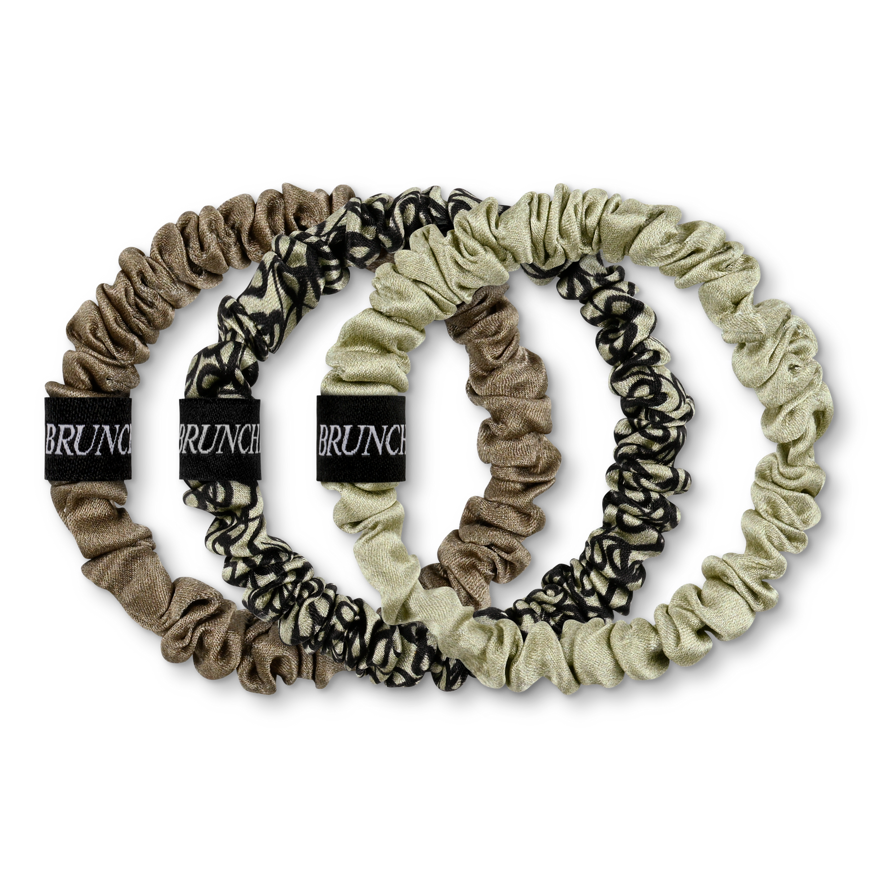 BRUNCHIES® "Snake Edition" Seiden Scrunchie Set aus 3 Haarbändern mitSchlangen Print für weiches Haar in erdigen grünen und braunen Tönen