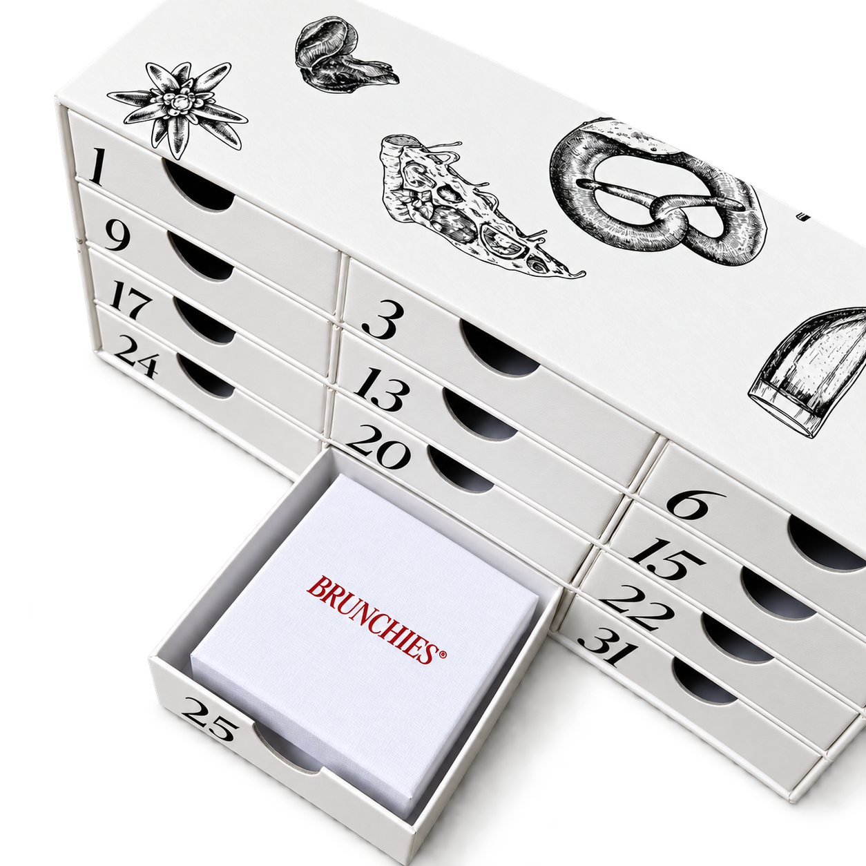 PRE ORDER BRUNCHIES® Adventskalender 2026 – 11 Seiden-Brunchies, Collector Clip & Charms