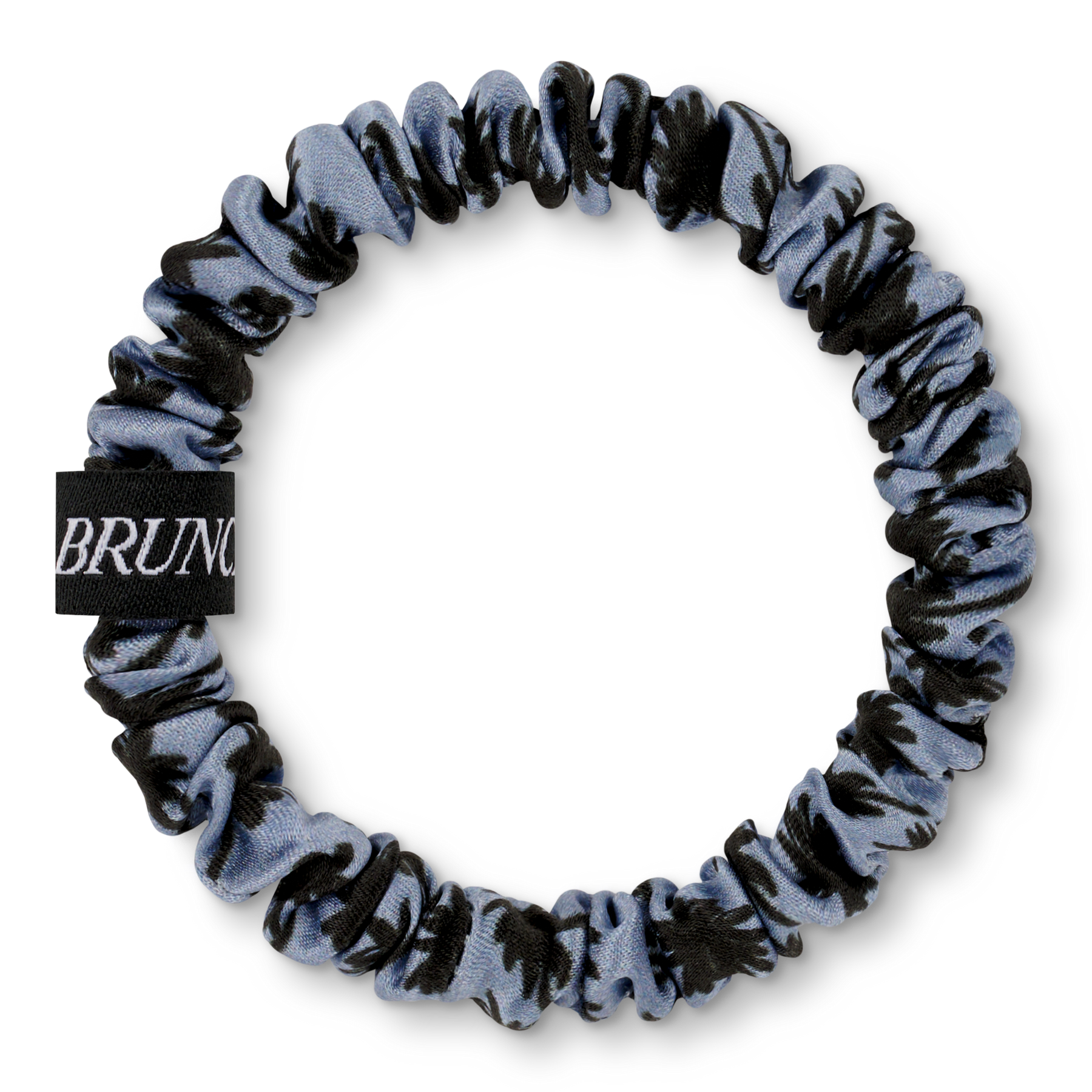 BRUNCHIES® Blue Palms Seiden Scrunchie aus 100 % OEKO-TEX® STANDARD 100 zertifizierter Maulbeerseide mit blauem Palmen-Design.