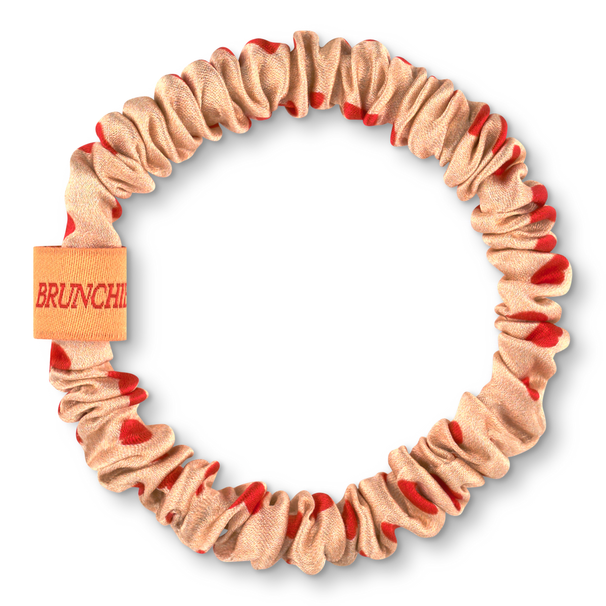 BRUNCHIES® x NÖ Heart Seiden Scrunchie in Apricot mit roten Herzen aus 100 % Maulbeerseide.