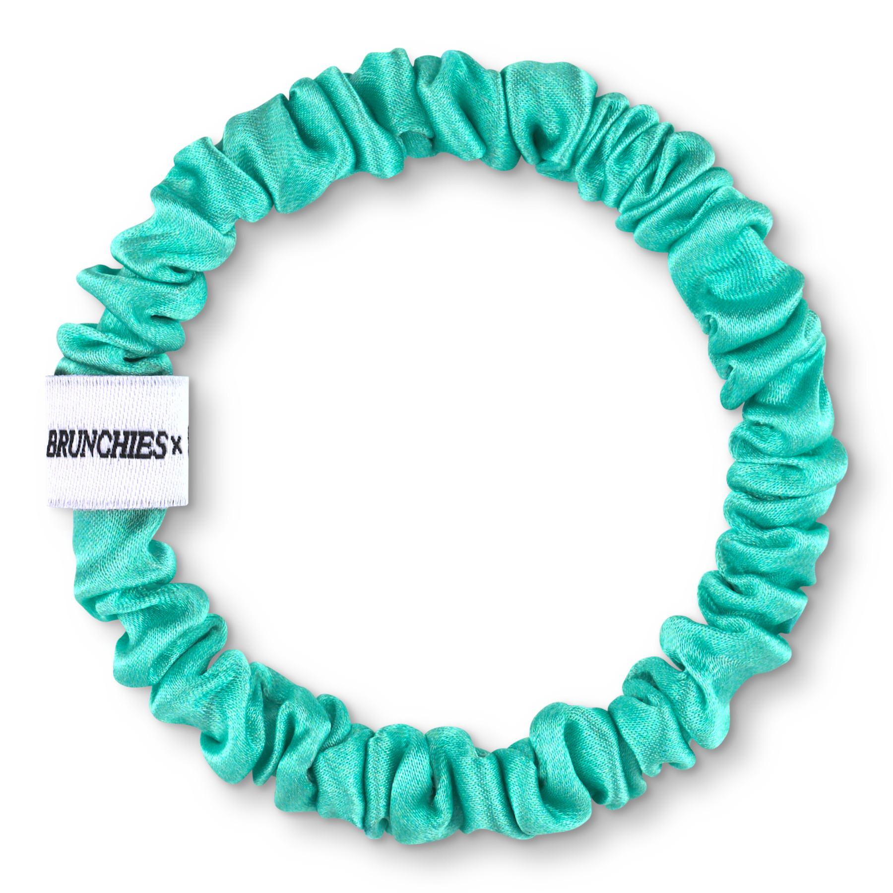 Türkiser Seiden Scrunchie "Kunst, stark zu bleiben" von BRUNCHIES® x Nike Schröder aus 100 % Maulbeerseide.