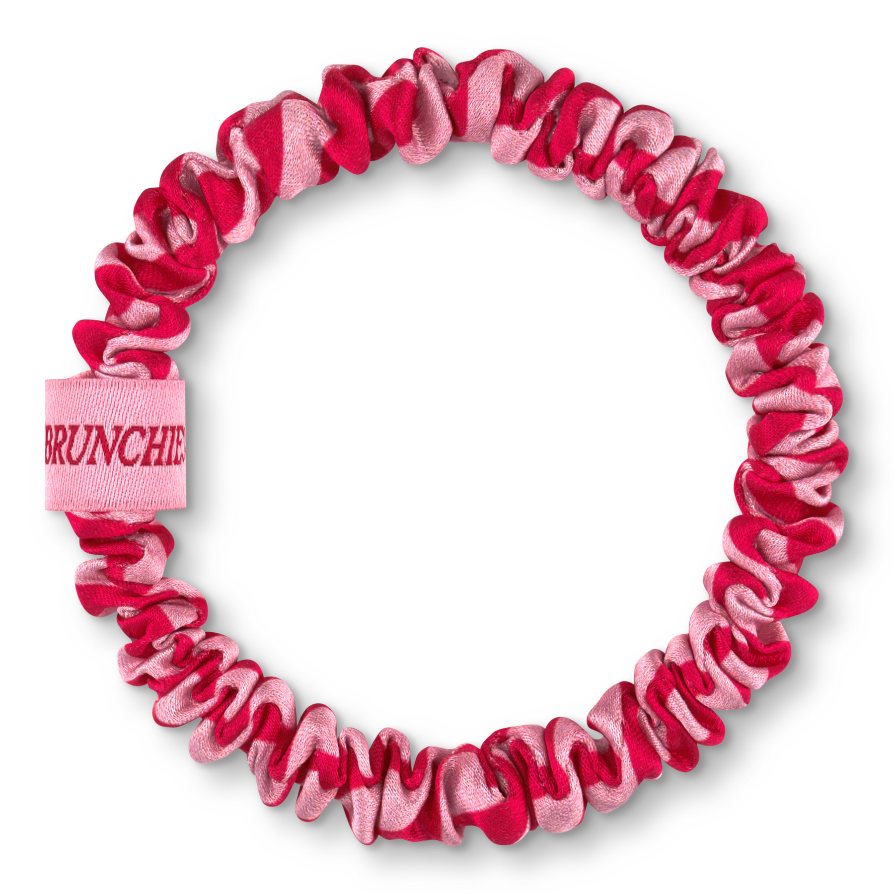 Pink-roter Seiden Scrunchie Striped Love Flamingo von BRUNCHIES® x The Healing House aus 100 % Maulbeerseide – haarschonendes Seiden-Haargummi mit Flamingo-Logo.